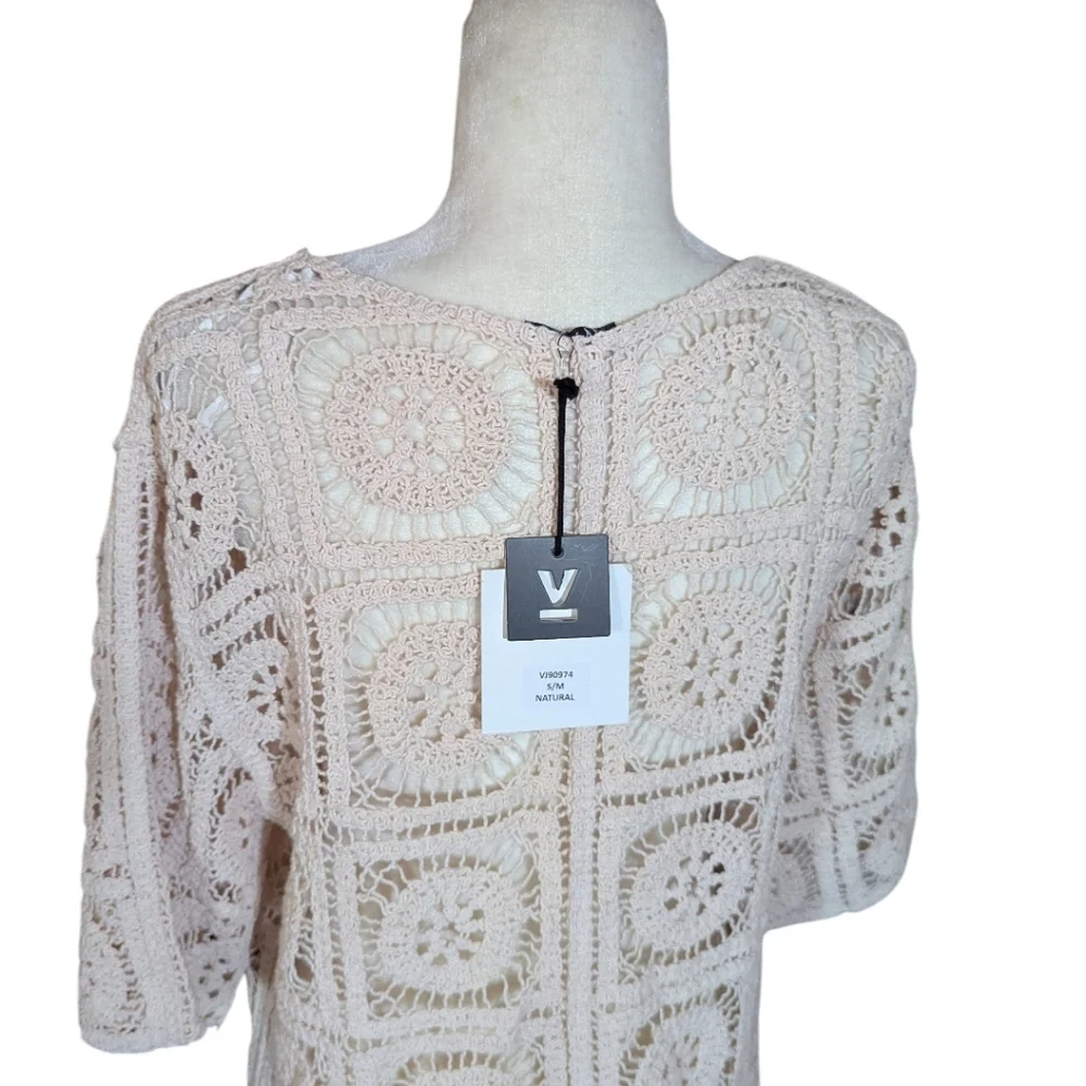 New Crochet Cardigan Natural Cream long Tie Front Festival NWT Sz S/M